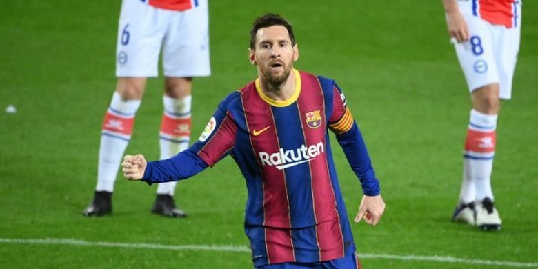 Megabintang Barcelona, Lionel Messi, merayakan golnya ke gawang Alaves, Minggu (14/2/2021) dini hari WIB di Camp Nou.
