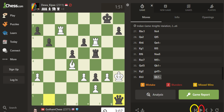 Screenshot of the chess.com game where Dadang Subur (Dewa_Kipas) beat Levy Rozman (GothamChess)