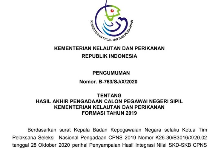 Hasil akhir CPNS 2019 Kementerian Kelautan dan Perikanan (KKP).