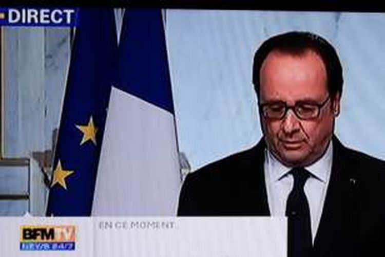 Presiden Perancis Francois Hollande saat berpidato terkait serangan truk di Nice, Kamis (14/7/2016) malam.