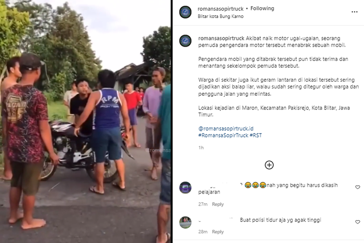 Tangkapan layar video pemilik mobil dan sejumlah warga merusak sebuah sepeda motor akibat pengendaranya ugal-ugalan.