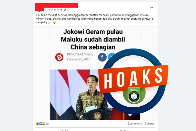 Tangkapan layar Facebook narasi yang menyebut bahwa Presiden Jokowi geram karena sebagian Pulau Maluku diambil oleh China