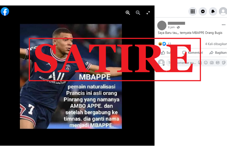 Tangkapan layar unggahan dengan narasi satire di sebuah akun Facebook, Senin (19/12/2022), yang menyebut Mbappe merupakan orang Pinrang, Sulawesi Selatan. Faktanya, Mbappe lahir di Bondy, sebuah daerah suburban di pinggiran Kota Paris, Perancis.