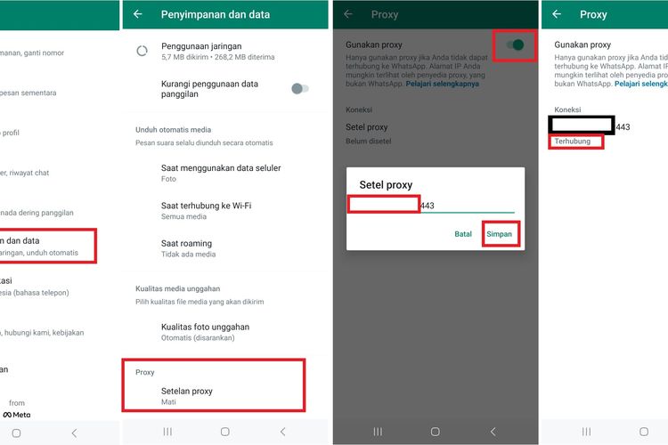 Cara mengaktifkan fitur proxy WhatsApp.