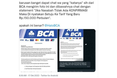 Beredar Chat Penipuan Mengatasnamakan BCA, Berkedok Perubahan Tarif Layanan