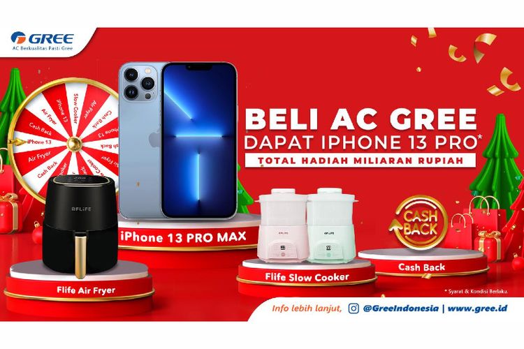 Sambut Natal 2021 dan Tahun Baru 2022, Gree Indonesia hadirkan promo Beli AC Gree, Dapat iPhone 13 Pro Max dan Promo Undian 100 Persen Menang yang berlansung mulai Selasa (7/12/2021).