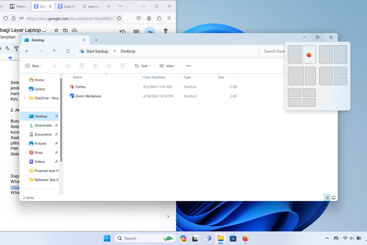 Ilustrasi cara membagi layar laptop menjadi 2 WIndows dengan mengakses pop-up menu di tombol maximize jendela aplikasi.