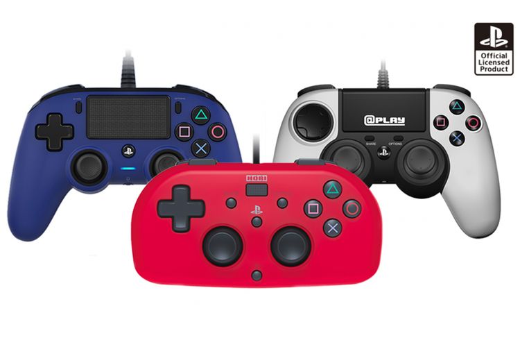 Nacon Wired Compact Controller (kiri), @Play Wired Compact Controller (kanan), dan Hori Wired Mini Gamepad.