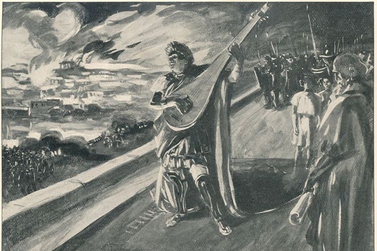 Lukisan berjudul Nero, dan Kota Roma yang Terbakar karya Henry Altemus, yang memberi ilustrasi bahwa Kaisar Nero sedang bermain biola saat Kebakaran Besar Roma terjadi pada 18 Juli 64.