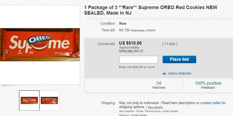 OreoxSupreme ditawar hingga 510 dollar Amerika saat dijual di eBay