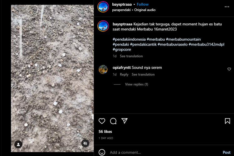 Tangkap layar video hujan es di Gunung Merbabu