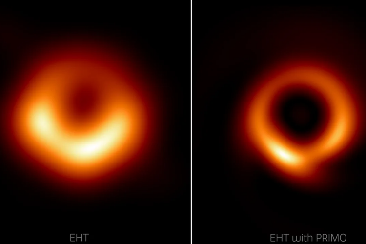 Foto lubang hitam yang sudah diperjelas dengan kecerdasan buatan (sebelah kanan). Gambar lubang hitam yang baru tersebut diperoleh dengan pengembangan teknik kecerdasan buatan atau Artificial Intelligence (AI).

