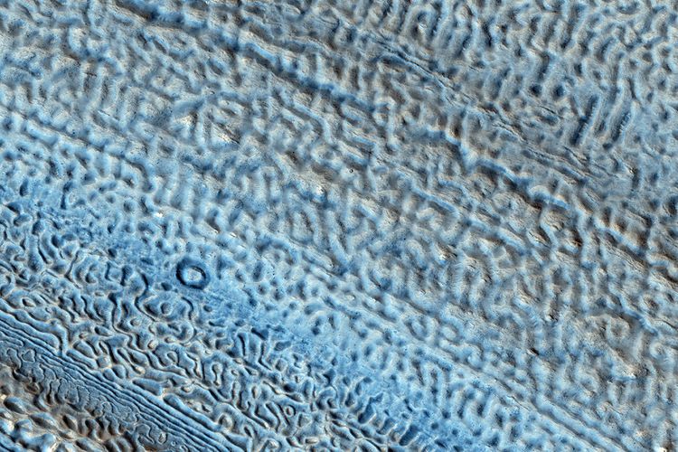 Gambar permukaan planet Mars. Fitur pada permukaan Mars ini tampak seperti bentuk otak manusia.