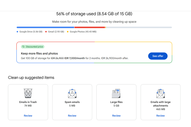 Ilustrasi cara mengatasi penyimpanan akun Google penuh melalui pengelolaan data dan file di Google One.