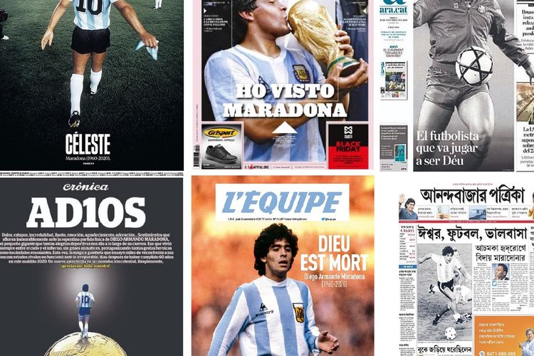 Kolase foto halaman depan koran-koran di beberapa negara yang memberikan penghormatan kepada Diego Maradona.