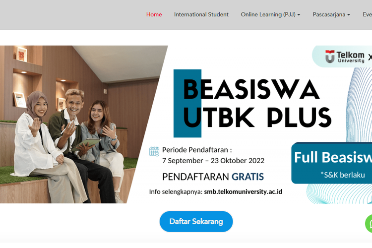 Telkom University dan UTBK Plus membuka beasiswa bagi siswa SMA/SMK/MA sederajat untuk tahun ajaran baru 2023/2024.