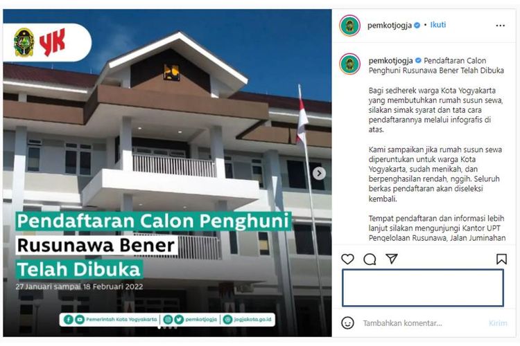 Tangkapan layar instagram Pemkot Yogyakarta tentang Rusunawa Bener
