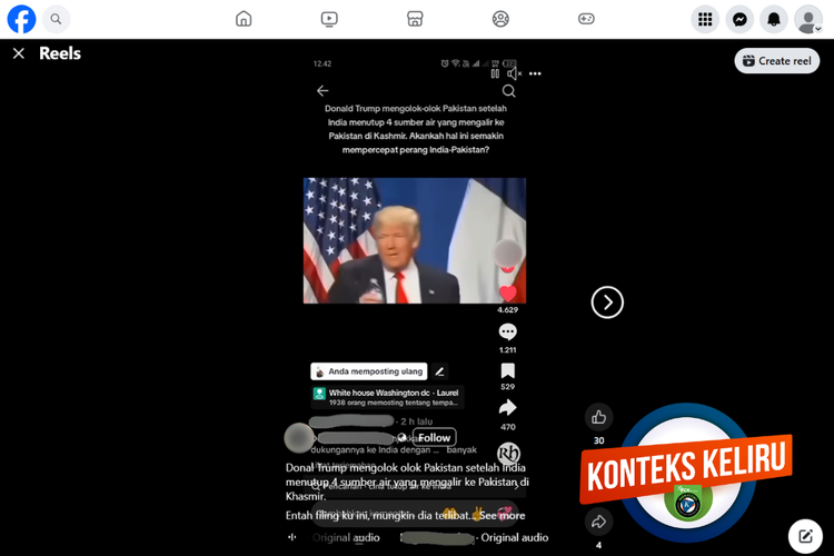 Tangkapan layar konten dengan konteks keliru di sebuah akun Facebook, yang mengeklaim Trump mengolok-olok Pakistan.