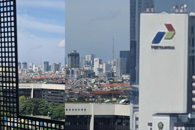 Perbedaan magnifikasi (bidang pandang) kamera telephoto Galaxy S20 Ultra di tingkat zoom 4x (foto kiri), 10x (foto tengah), dan 100x (foto kanan). Zoom 10x lebih kurang masih setajam zoom 4x, sementara tingkat ketajaman sudah jauh berkurang di zoom 100x yang mengandalkan pembesaran digital. Obyek foto adalah gedung kantor pusat Pertamina di Jalan Medan Merdeka Timurdengan jarak sekitar 5,5 kilometer dari lokasi pemotretan di Menara Kompas, Palmerah, Jakarta Barat. 