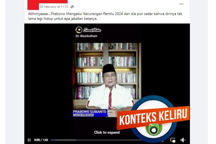 Tangkapan layar Facebook narasi yang menyebut Prabowo mengakui kecurangan di Pemilu 2024