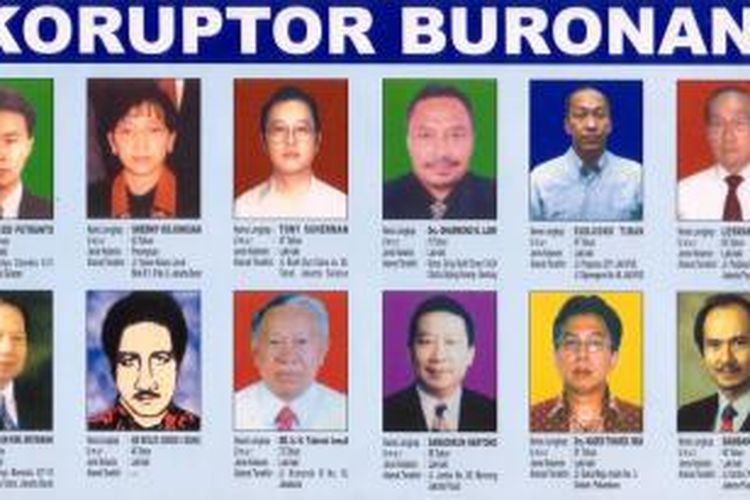 Adrian Kiki Ariawan, mantan Direktur Bank Surya (paling kiri bawah) di dalam poster buronan koruptor yang dikeluarkan Kejaksaan Agung pada tahun 2008.