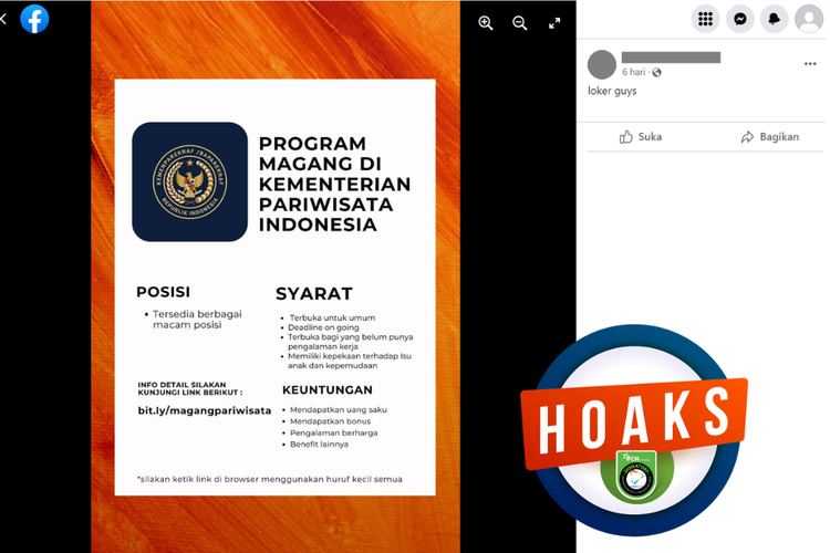 Tangkapan layar unggahan dengan narasi hoaks di sebuah akun Facebook, Jumat (1/9/2023), soal poster program magang di Kemenparekraf.