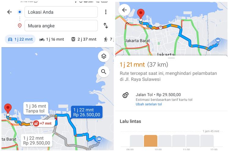 Cara melihat estimasi biaya tol di Google Maps.