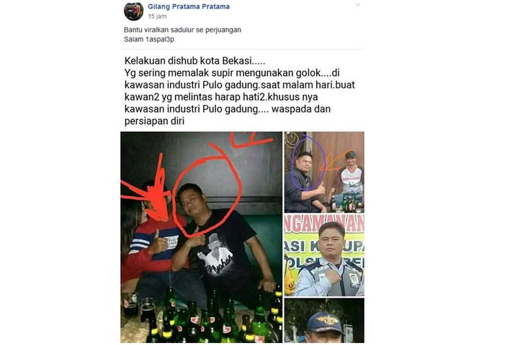 Tangkapan layar dari sebuah unggahan viral di media sosial Facebook yang menyebut salah satu anggota Dishub Kota Bekasi sering palak sopir menggunakan golok.