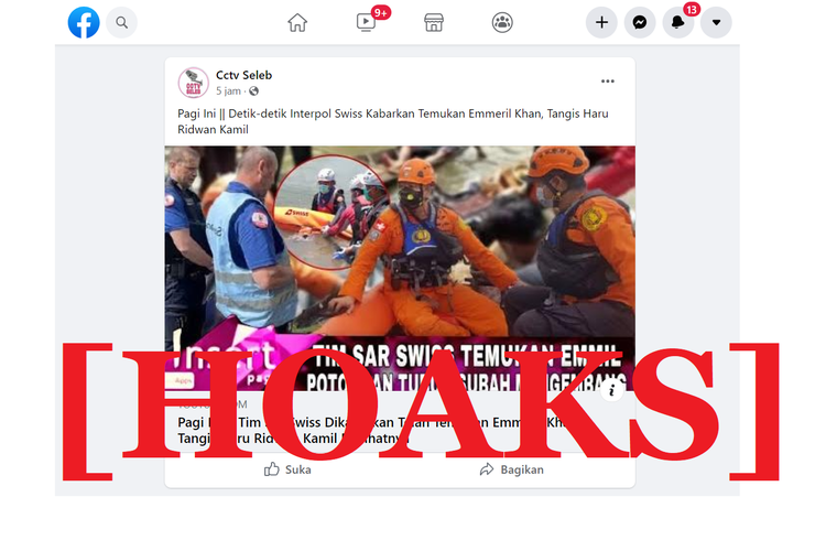 Tangkapan layar unggahan hoaks di sebuah akun Facebook, Senin (30/5/2022), yang menyebut interpol Swiss telah menemukan Emmeril Kahn Mumtadz (Eril), anak Gubernur Jawa Barat Ridwan Kamil, yang menghilang di Sungai Aare.