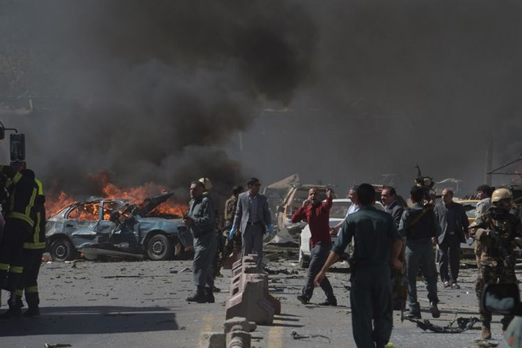 Lokasi ledakan bom di kawasan diplomatik di Kota Kabul, Afganistan, Rabu pagi (31/5/2017).  