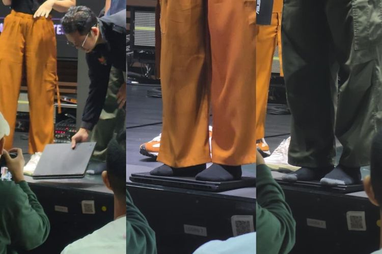 Laptop Asus TUF Gaming 16 diinjak penonton dengan berat badan sekitar 60 kg dan 80 kg selama kurang lebih 10 detik untuk uji ketahanan perangkat.