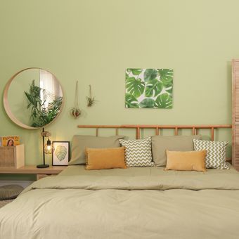 Ilustrasi dinding kamar tidur warna hijau. 