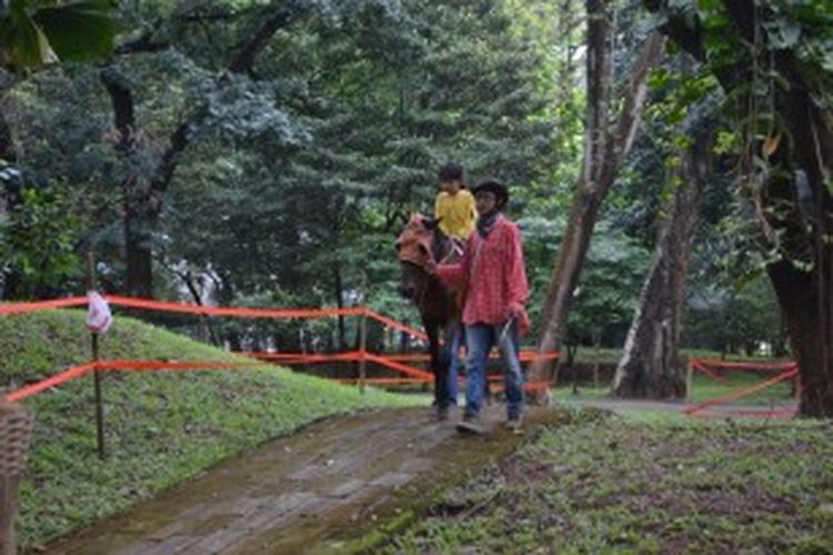 Pengunjung bisa berkeliling wahana Kampoeng Maen Fair dengan menggunakan kuda. Kampoeng Maen Fair (KMF) yang diselenggarakan 27 Juni sampai 1 Juli 2013 di Taman Krida Loka, Stadion Renang Senayan, Jakarta.