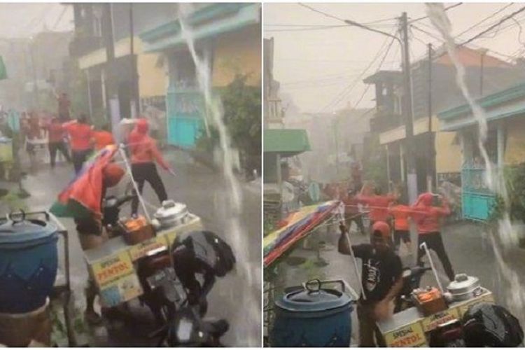 Tangkapan layar dari akun TikTok @gadissamanta memperlihatkan sekelompok ibu di Surabaya, Jawa Timur, tetap semangat senam meski sedang hujan deras.