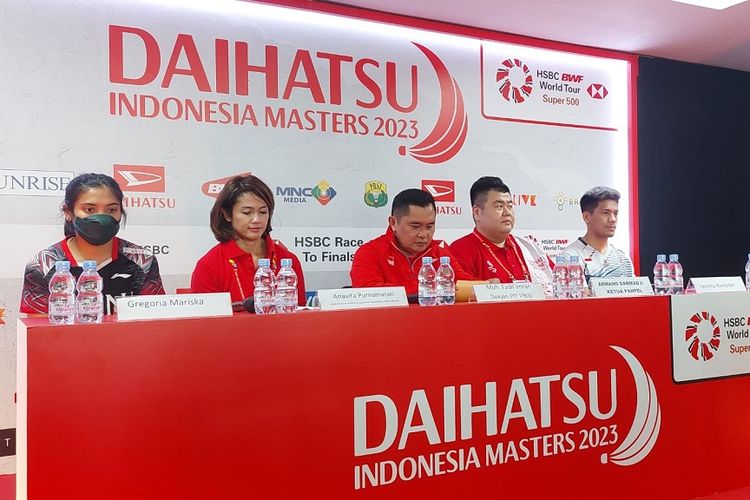 Suasana konferensi pers Indonesia Masters 2023 di Istora Senayan, Jakarta, Senin (23/1/2023).