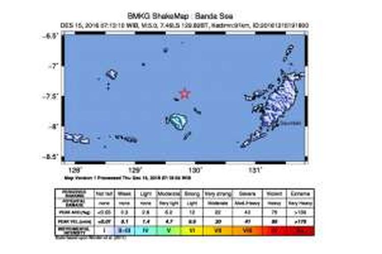 Pusat gempa berkekuatan M 5,0 di Maluku Barat Daya, Kamis (15/12/2016).