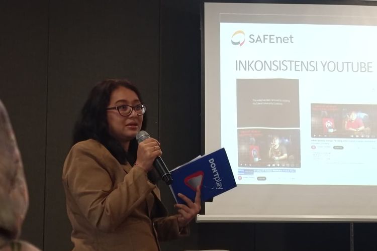 Perwakilan Southeast Asia Freedom of Expression Network (SAFEnet), Wida Arioka, dalam kegiatan bertajuk ?Mendorong Pemenuhan Hak Anak atas Rasa Aman di Ruang Digital? di Erian Hotel, Menteng, Jakarta Pusat, Selasa (28/10/2025).