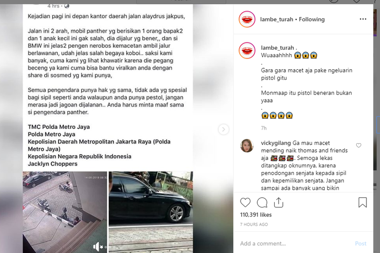 Terjebak kemacetan, pengemudi BMW mengeluarkan pistol di Jalan Alaydrus, Jakarta Pusat. 