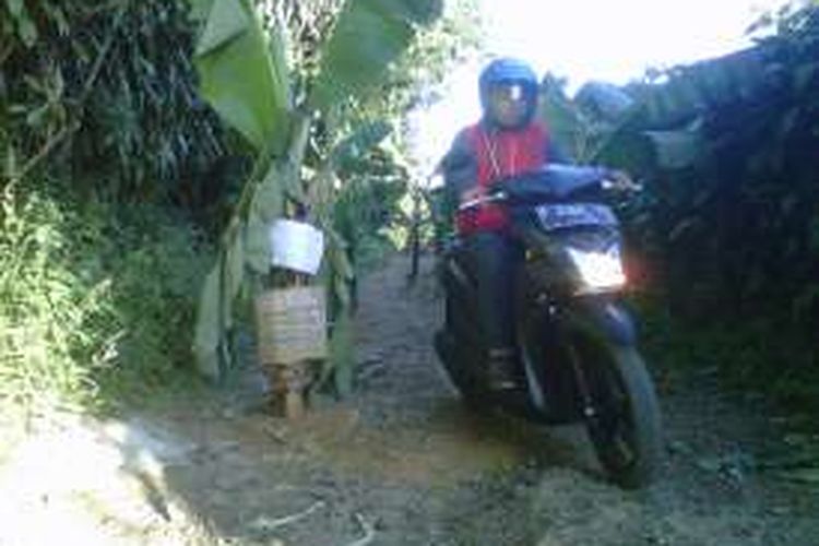 Pengendara sepeda motor melintas jalan yang sudah ditanami pohon pisang di Desa Margaluyu, Sukaraja, Sukabumi, Jawa Barat, Jumat (24/6/2016). 
