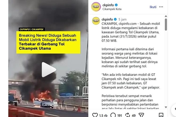 Mobil Listrik BYD Terbakar di Tol Jakarta-Cikampek, Diduga Korsleting