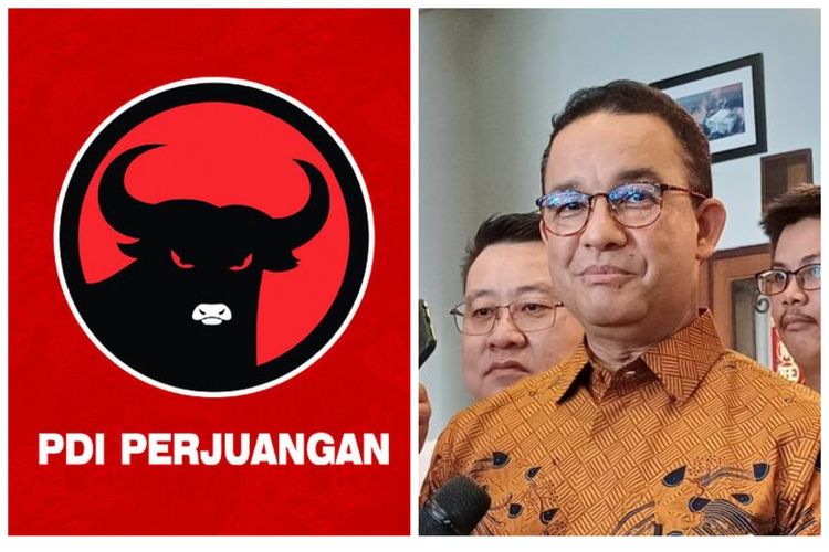Kolase foto: logo Partai Demokrasi Indonesia Perjuangan (PDI-P) dan mantan Gubernur DKI Jakarta, Anies Baswedan