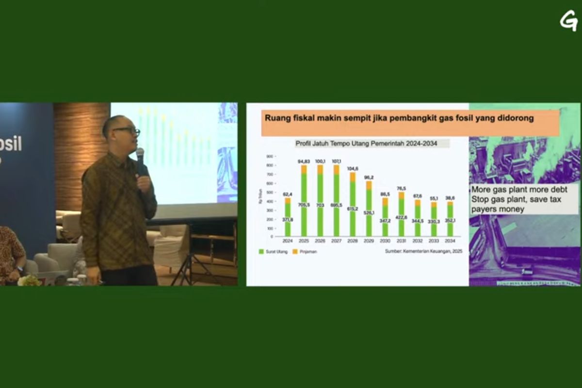Tangkapan layar dari video yang menunjukkan Direktur Eksekutif Center of Economic and Law Studies (Celios) Bhima Yudhistira menyampaikan pembahasan hasil studi bersama Greenpeace Indonesia, Kamis (24/4/2025).