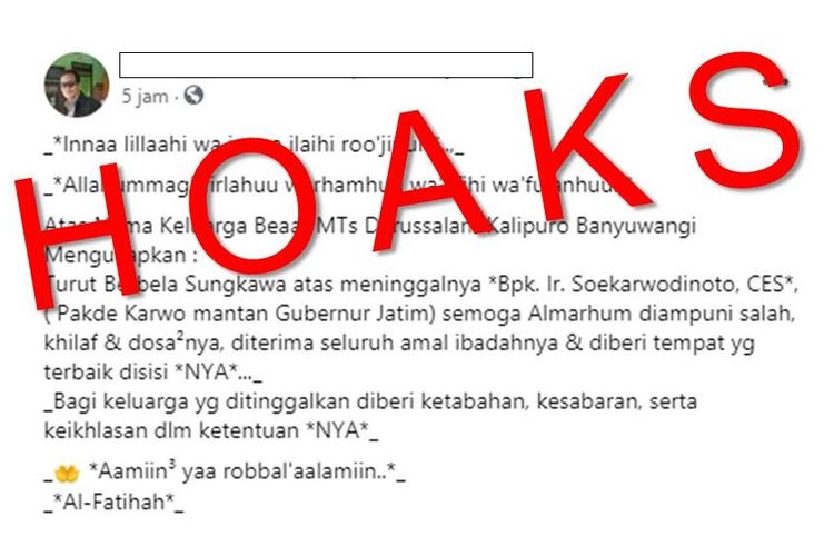 Tangkapan layar unggahan hoaks yang menyebut mantan Gubernur Jawa Timur Soekarwo meninggal dunia.