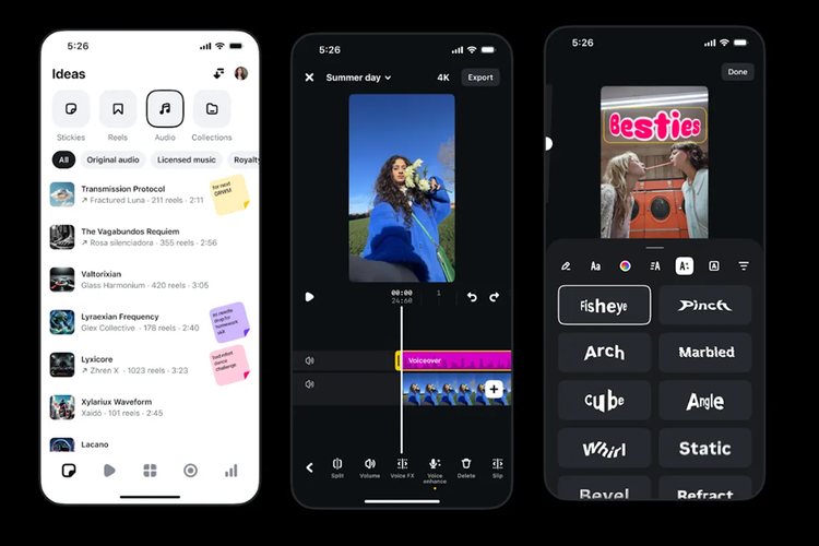 Fitur baru Instagram Edits, ada di tab ?Ideas? yang kini memungkinkan pengguna menyimpan audio favorit serta menambahkan catatan berupa sticky notes pada lagu atau suara yang ingin digunakan nanti. Ada juga opsi peningkatan suara untuk voice-over. Ada efek teks baru.