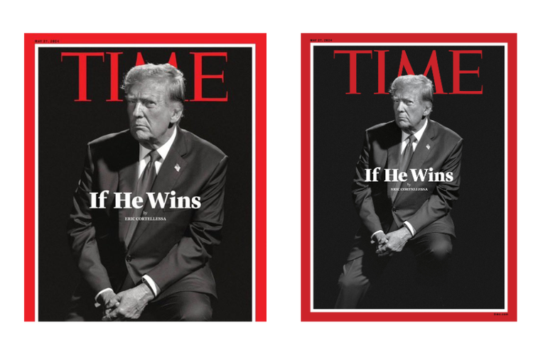(Kiri) Foto Donald Trump dengan tanduk iblis (Kanan) Sampul resmi Majalah Time edisi Mei 2024.