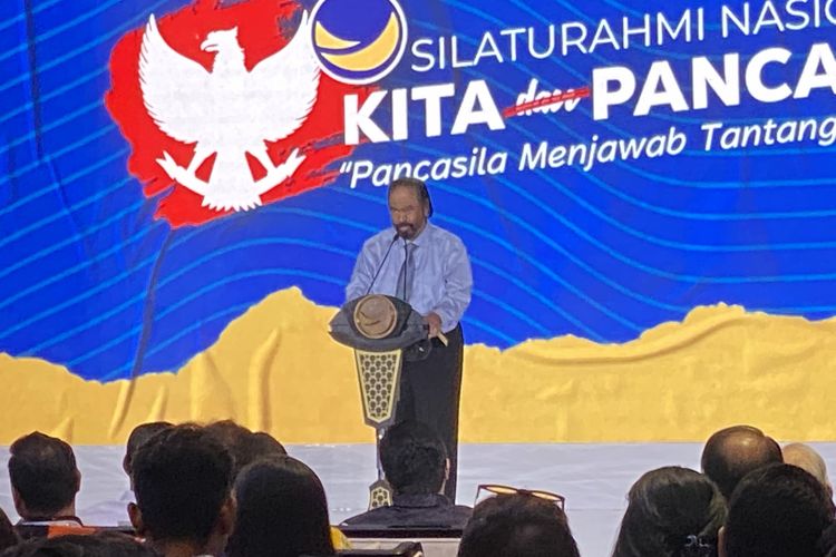 Ketua Umum Partai Nasdem Surya Paloh saat memberikan sambutan dalam Silaturahmi Nasional Kita Pancasila: “Pancasila Menjawab Tantangan Zaman” di Kantor DPP Partai Nasdem, Jakarta, Kamis (2/6/2022).
