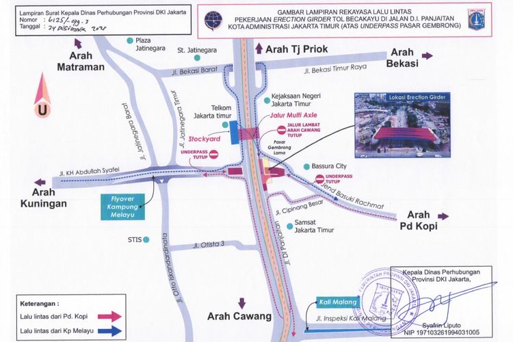 Pengalihan arus lalu lintas selama Underpass Pasar Gembrong di Jalan DI Pandjaitan, Jakarta Timur, ditutup sementara akibat adanya pengerjaan erection girder Tol Becakayu.