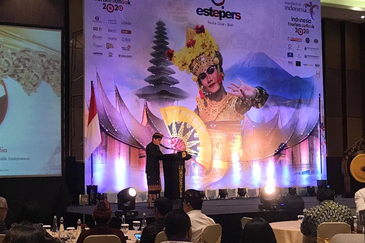 Tourism and Creative Economy Minister Wishnutama Kusubandio delivers his speech during the opening ceremony of Indonesia Tourism Outlook 2020 in Badung regency in Bali on Friday, November 22, 2019. 