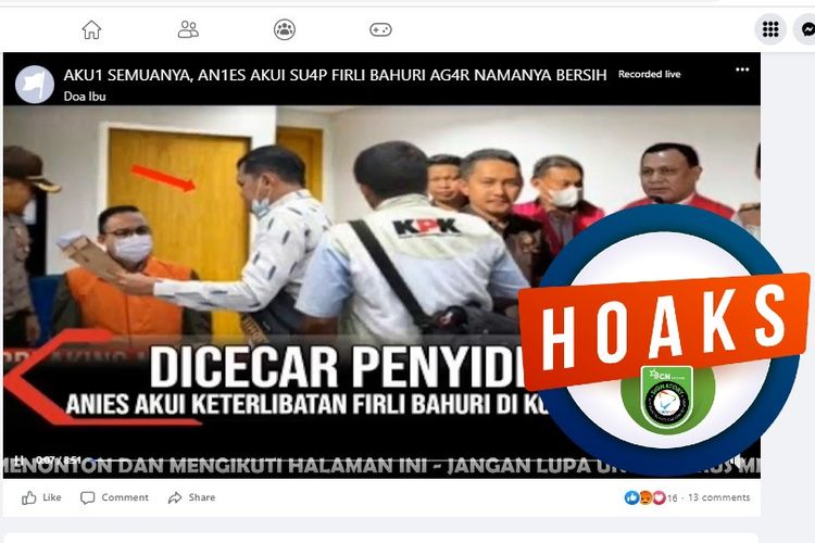 Tangkapan layar Facebook narasi yang menyebut bahwa Anies mengaku bahwa ia menyuap Firli Bahuri