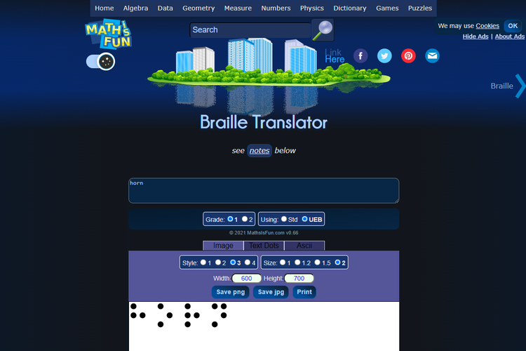 Tangkapan layar terjemahan huruf Braille untuk 'horn' atau klakson.